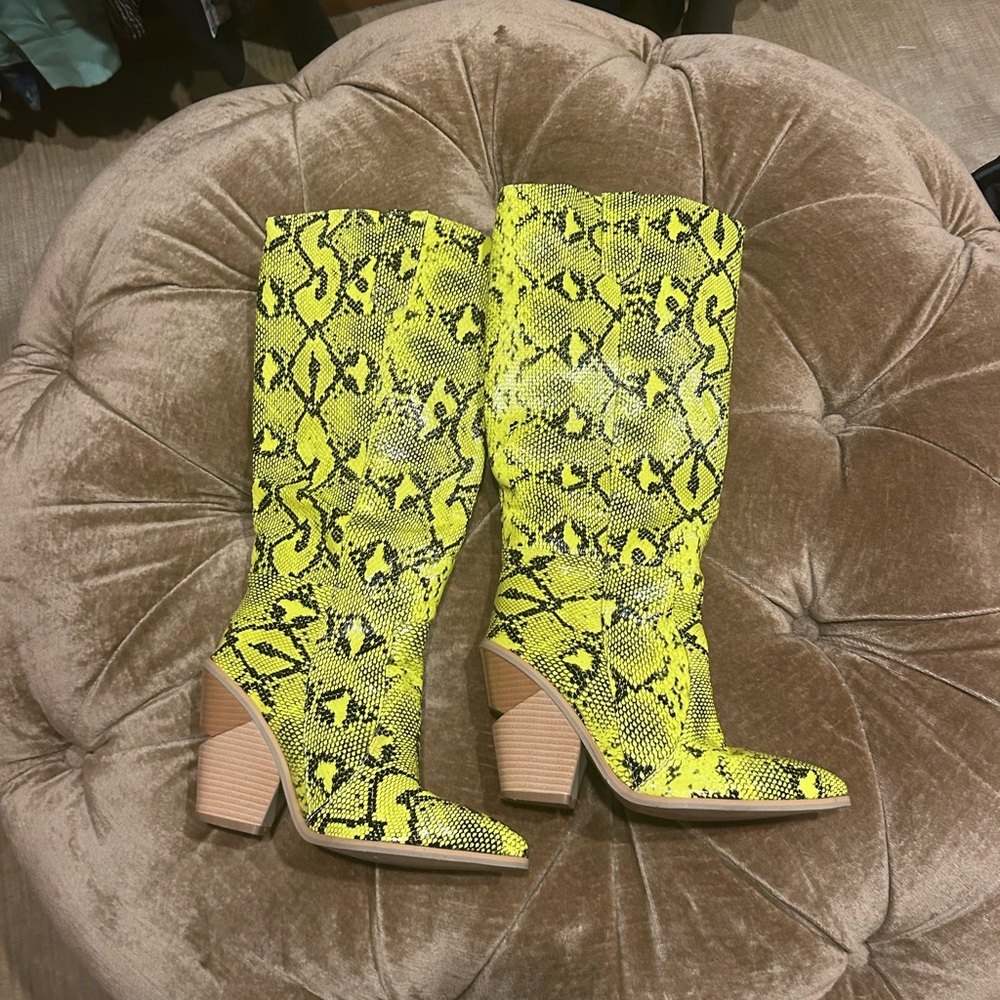 Weird Barbie neon yellow snake boots
